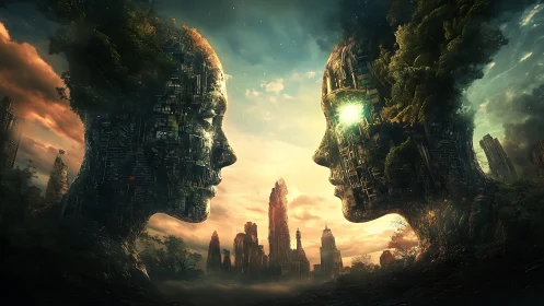 Cybernetic forest giants quietly debate a dying skyline