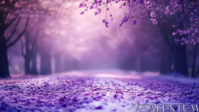 Tree-lined path lies under purple foliage and soft light