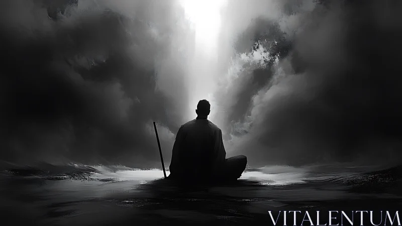 Silent wanderer rests beneath a distant, radiant sky