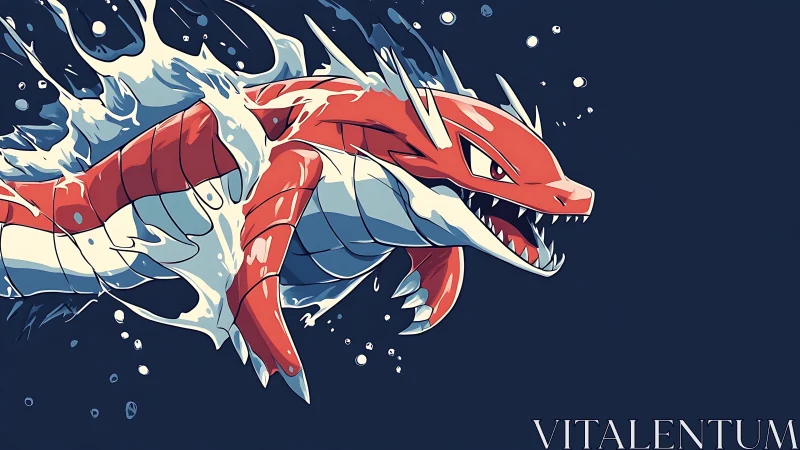 Fierce red sea dragon bursts from swirling dark waters