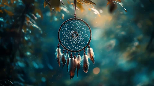 Dreamcatcher with teal bokeh lighting in tranquil forest.