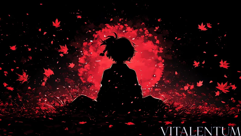 Silhouetted figure before crimson moon and drifting maple leaves