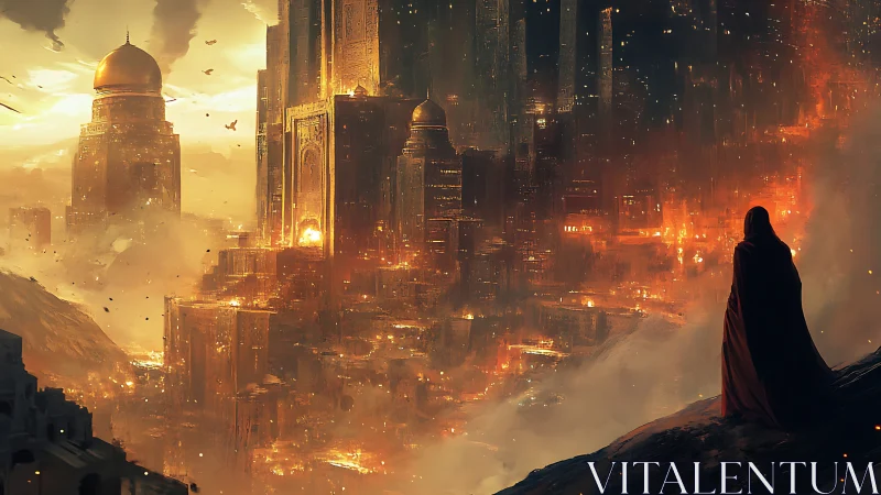 Cloaked observer studies sprawling, burning citadel at dusk