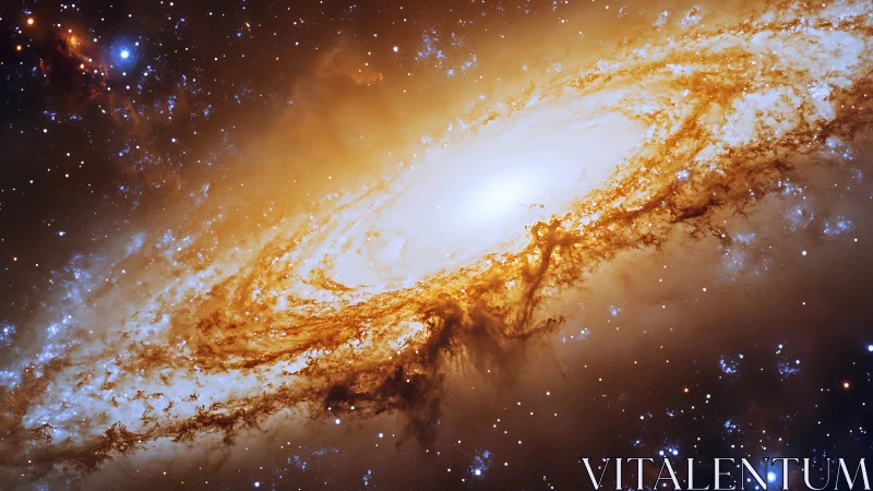 Spiral galaxy glows in swirling golden dust and starlight.