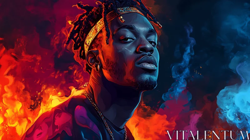 Confident man in vivid fire and ice digital portrait.