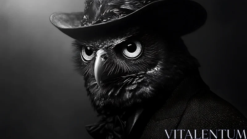 Dapper Owl in Suit and Hat, Dramatic Black and White Portrait.
