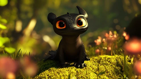 Micro-dragon character on mossy forest floor in bokeh light.