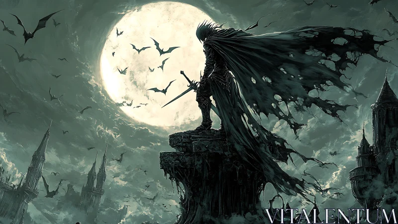 Cloaked swordsman on cliff before large full moon.