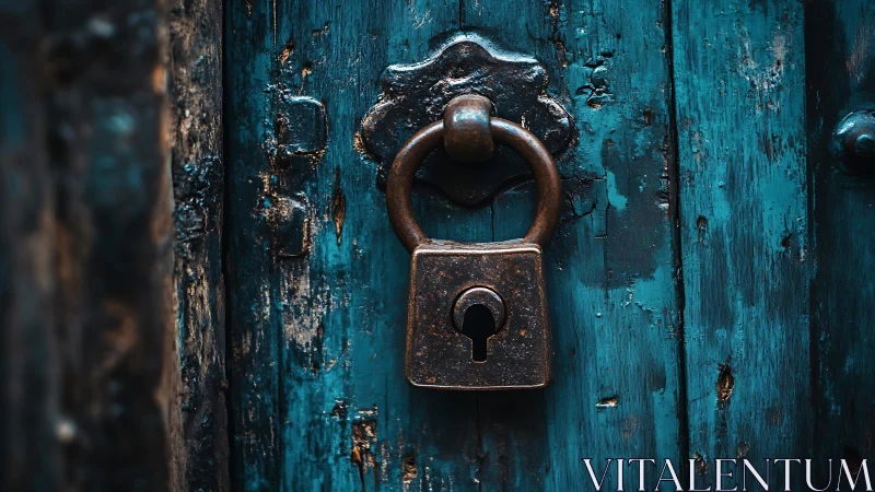 Weathered teal door welcomes a timeworn brass padlock’s hush