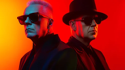 Twin neon shadows trade glances inside a burning gradient