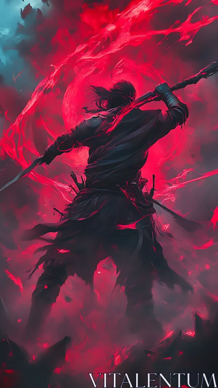 Crimson storm wielder standing defiant in swirling arcane fire.