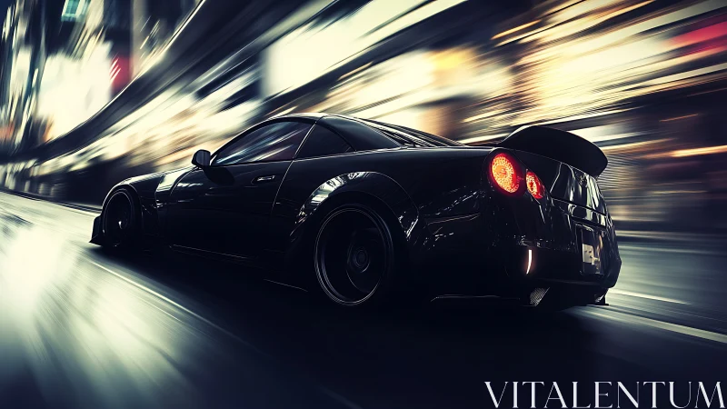 Black sports car cuts through wet neon city street at speed