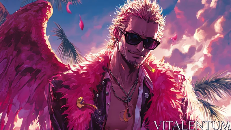 Chromatic winged outlaw under tropic cumuliform sky.