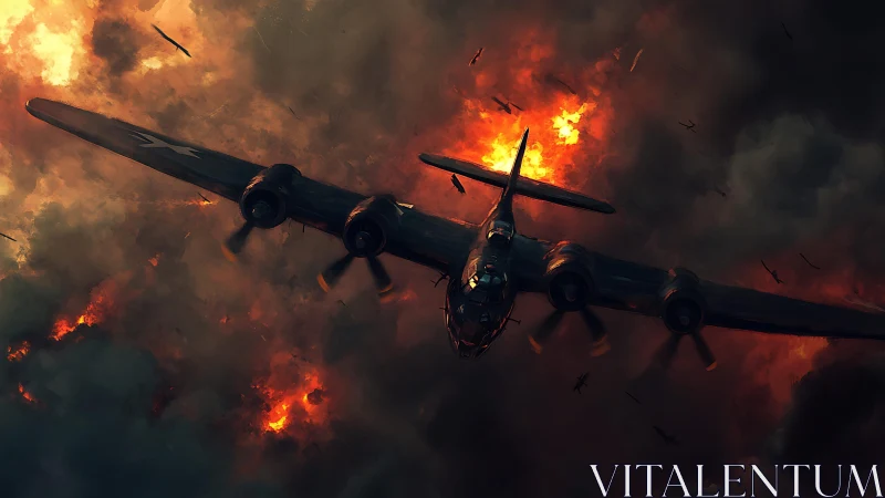 Thunderous warplane cuts through burning clouds of battle