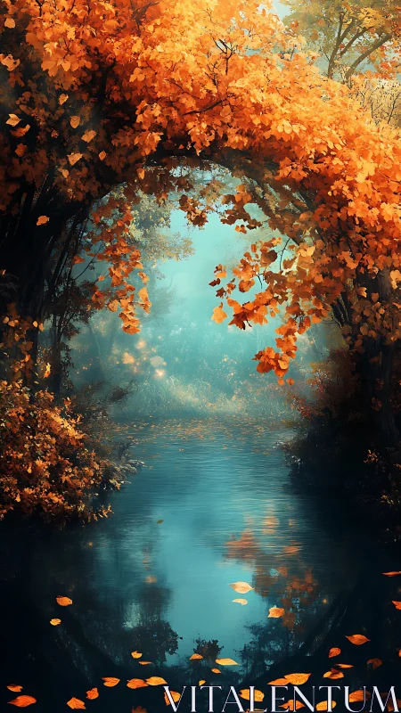 Copper leaves bend low to crown a river of quiet turquoise