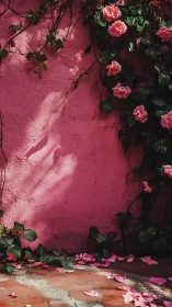 Pink Wall with Climbing Roses and Fallen Petals