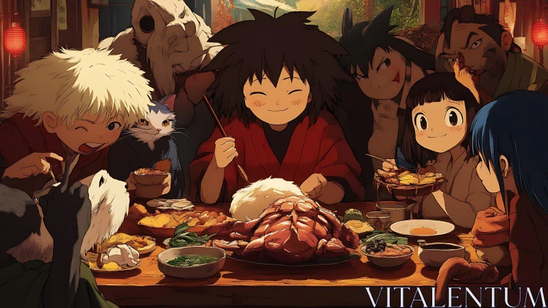 Anime friends share a festive feast at a cozy lantern-lit table.