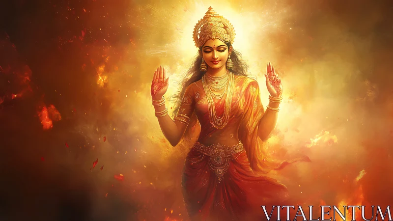 Divine goddess figure in radiant orange celestial fire glow.