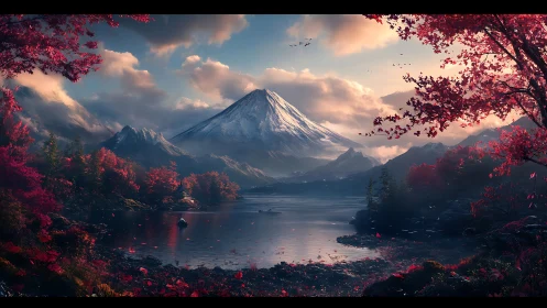 Crimson autumn lake embracing a snow crowned twilight peak.
