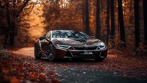 BMW sports coupe on forest road with autumn foliage.