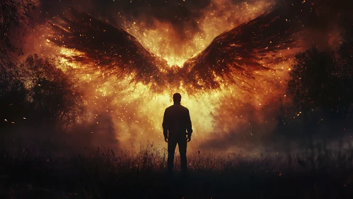 Silhouette before expansive fiery wings in dark landscape.