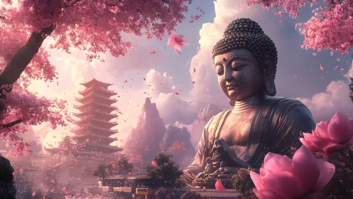 Serene Buddha statue amid cherry blossoms in cinematic dawn light