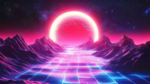 Neon voxel grid highway under oversized luminous horizon moon