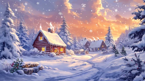 Snow covered log cabins under glowing winter sunset sky