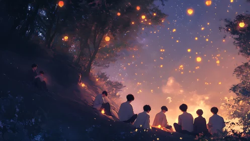 Lantern-lit hillside gathering under glowing twilight sky.