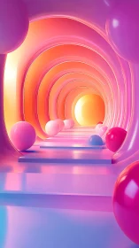 Glowing pastel tunnel of spheres leads into a radiant horizon