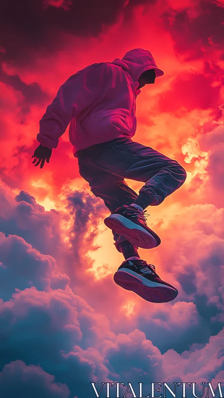 Hooded streetwear figure strides midair against neon storm sky