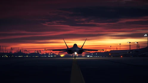 Sunset runway pause with a lone jet waiting in glow.
