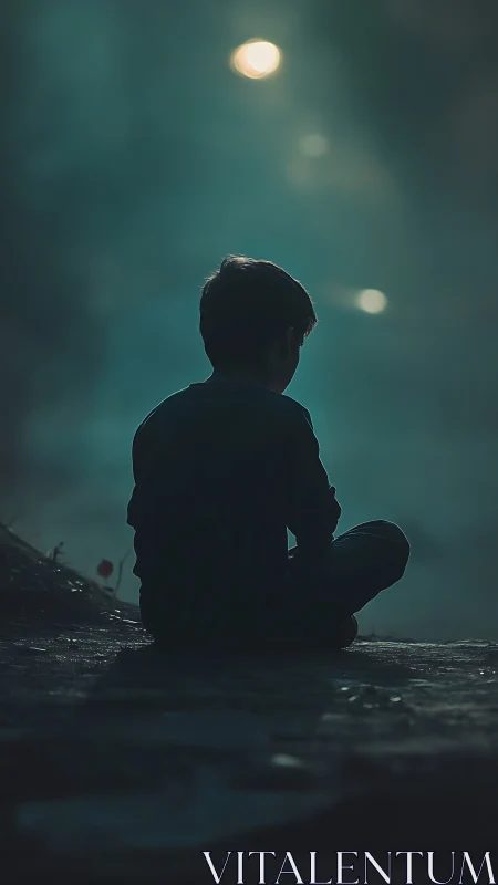Silhouetted child in teal dusk mist, gazing toward distant light.