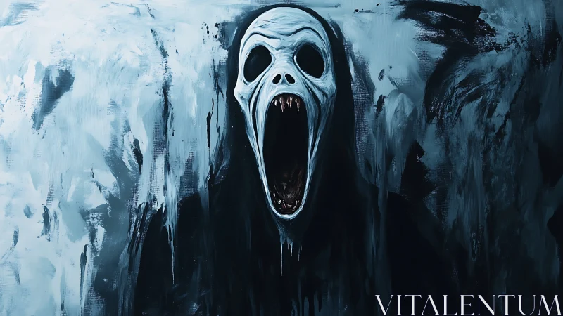 Monochrome spectral scream mask rendered in gestural brushwork