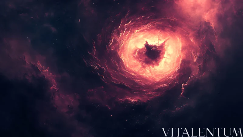 Fiery cosmic vortex glows gently in a storm of rose clouds