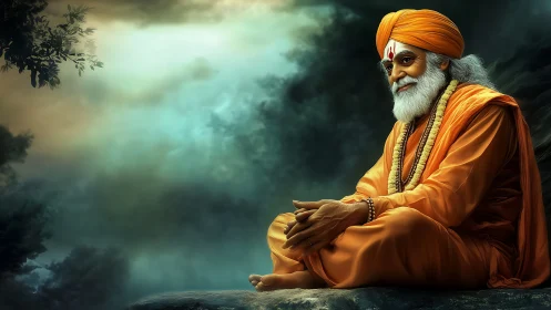 Gentle sage in orange robes resting in twilight calm.