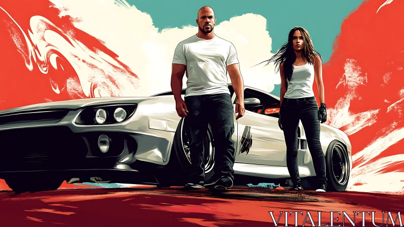 Stylized street racers stand before tuned coupe under dynamic sky