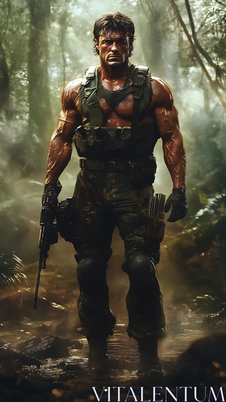 Photorealistic jungle commando portrait with cinematic lighting.