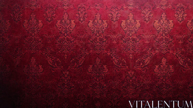 Crimson damask wallpaper backdrop with ornate baroque motifs.