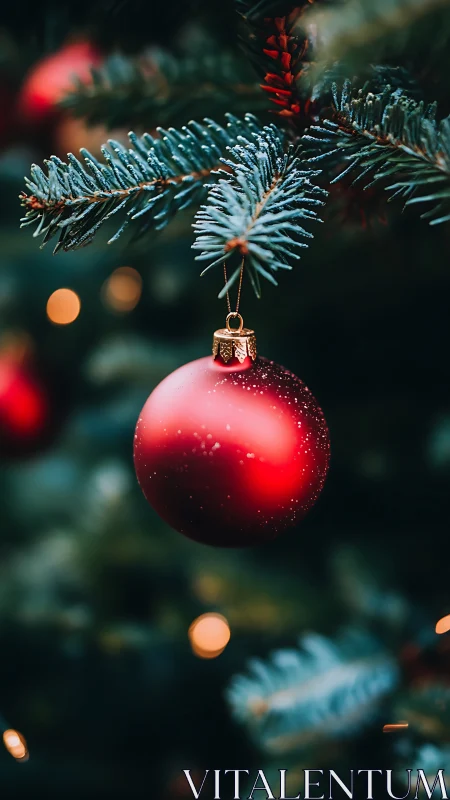 Red bauble ornament on evergreen branch with festive bokeh.