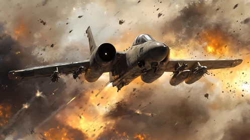 Attack jet advances through explosive cloudfield in dynamic view