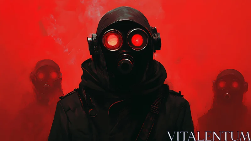 Masked figures in red haze with glowing goggles stand united.