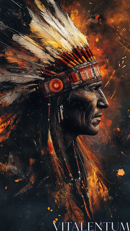 Elder in feathered headdress stands in swirling ember light