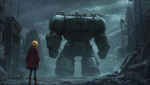 Child confronts massive robot in ruined city street.