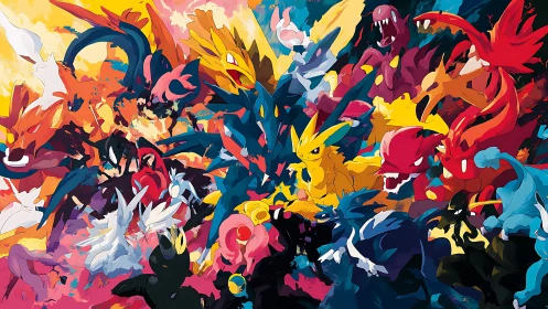 Dynamic abstract battle of stylized creature silhouettes in motion