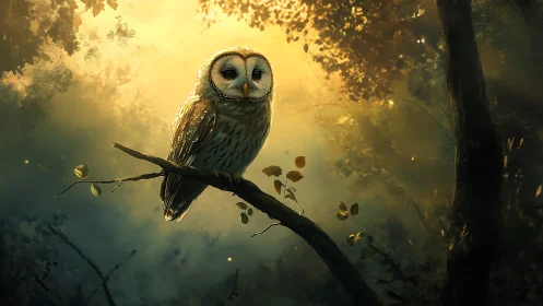 Majestic Owl Perched on Branch in Enchanted Forest, Digital Art.