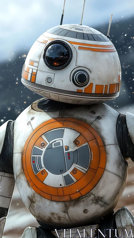 Weathered spherical droid portrait with orange paneling.