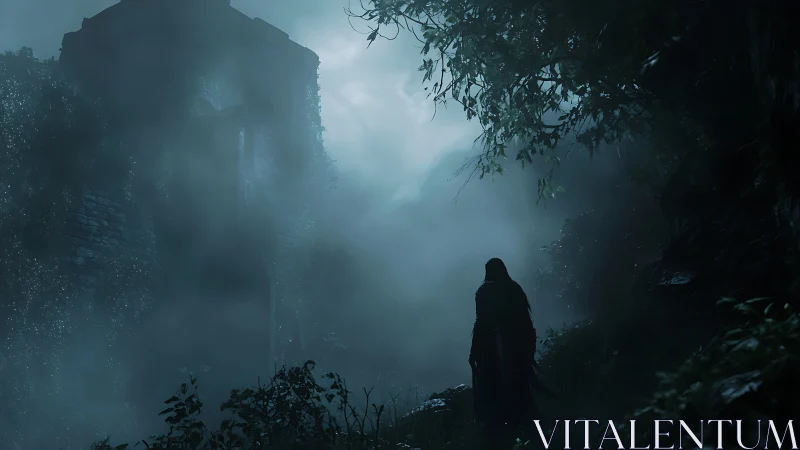 Lone wanderer confronts a mist-drowned ruin at moonrise.