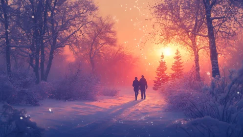 Sunlit winter forest path with couple in glowing snowfall.