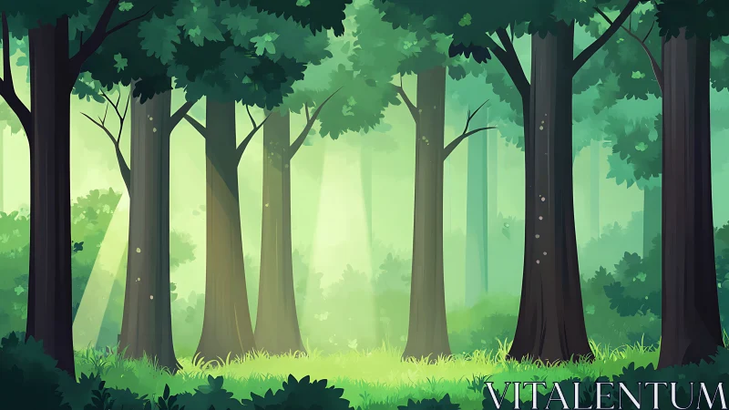 Luminous Forest Pathway: Atmospheric Digital Woodland Rendering.